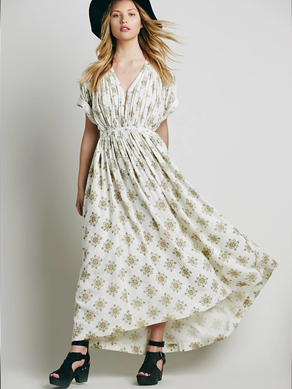 Free People Printed Oasis Maxi Boho Dress Side Ties Vneck Size Small